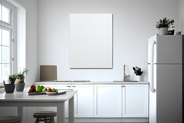 Fototapeta na wymiar Modern white kitchen interior with empty poster mockup. AI Generative