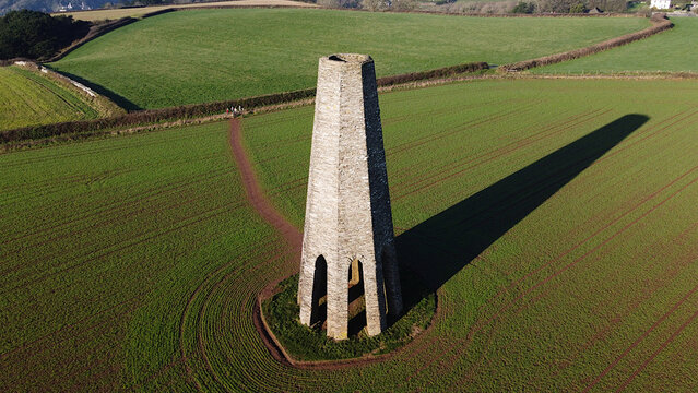 Kingswear, Devon, England:DRONE AERIAL VIEW: The Daymark, a Victorian navigational tower, was built near the River Dart in 1864 as a navigational aid for seafarers trying to locate the river mouth.