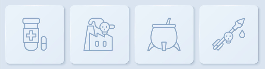 Set line Antidote, Witch cauldron, Smoke from factory and Poison the arrow. White square button. Vector