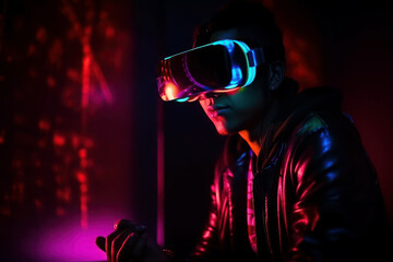 man with glasses of virtual reality. Future technology concept. Colorful neon lights. ai generative.