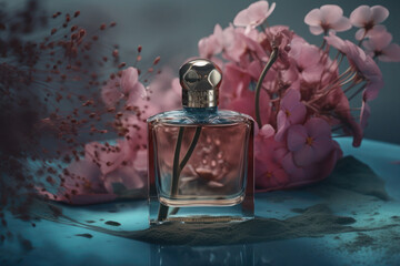 elegant bottle of luxury perfume on a background of flowers. delicate feminine fragrance. ai generative