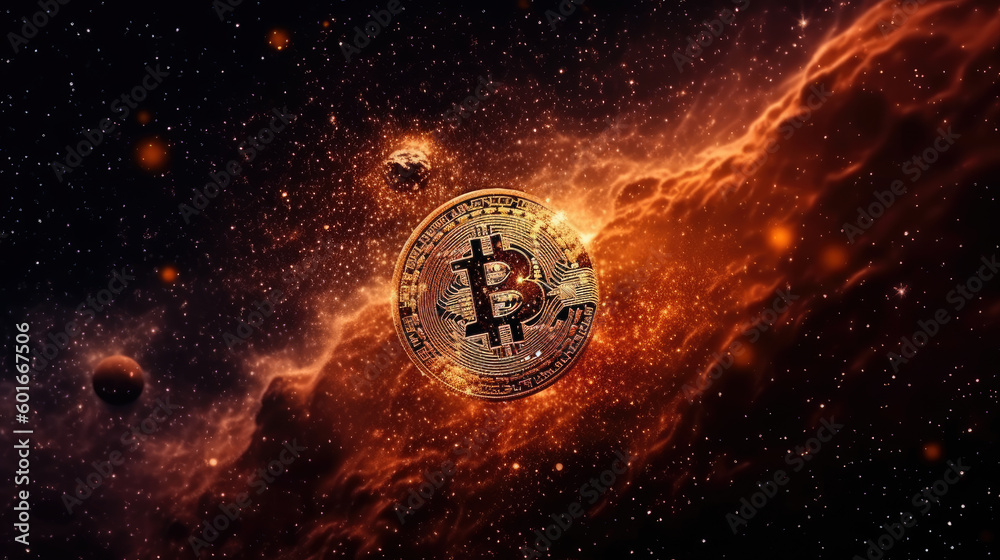 Canvas Prints bitcoin on cosmic fire background. generative ai.