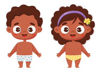 Two cute black ethnic kids in shorts. Vector illustration in cartoon style. Childrens collection. Isolated funny black kids on white background