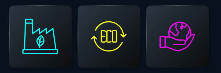 Set line Plant recycling garbage, Hand holding Earth globe and Leaf Eco symbol. Black square button. Vector