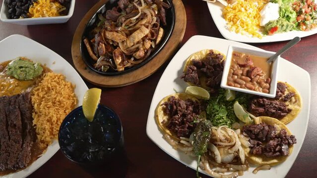 Tacos, fajitas, enchiladas and various Tex Mex restaurant menu options, overhead slider 4K