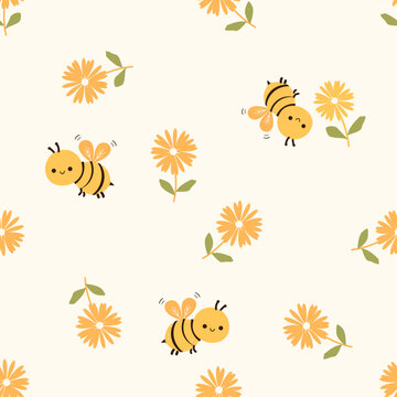 Seamless pattern with bee cartoons and cute flower on yellow background vector illustration.