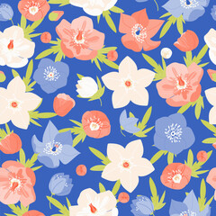 Hellebores floral seamless pattern vector. Winter rose helleborus flowers green leaves foliage on blue background. Botanical vector illustration