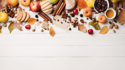 Thanksgiving background decoration,  dry leaves, berries and pumpkins on white wooden background. Flat lay, copy space. Top view for Autumn, fall, Thanksgiving concept.