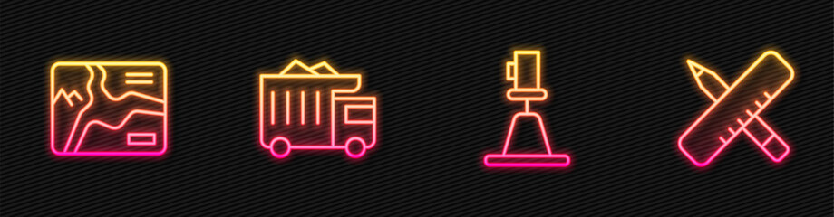 Set line Tacheometer, theodolite, Topographic map, Mining dump truck and Crossed ruler and pencil. Glowing neon icon. Vector © Vadim