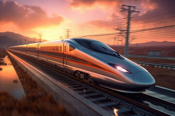 High speed bullet train speeding theough the countryside at sunset with motion blur. Generative AI.