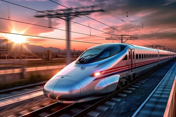 Fototapeta premium High speed bullet train speeding theough the countryside at sunset with motion blur. Generative AI.