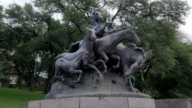 Seven Mustangs statue on the campus of the University of Texas in Austin, Texas with gimbal video walking forward.