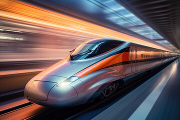 Obraz na płótnie Canvas High speed bullet train speeding through a railway station with motion blur. Generative AI.