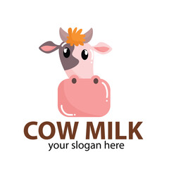 Vector logo of a cute-headed dairy cow in cream black and gray with a pink nose