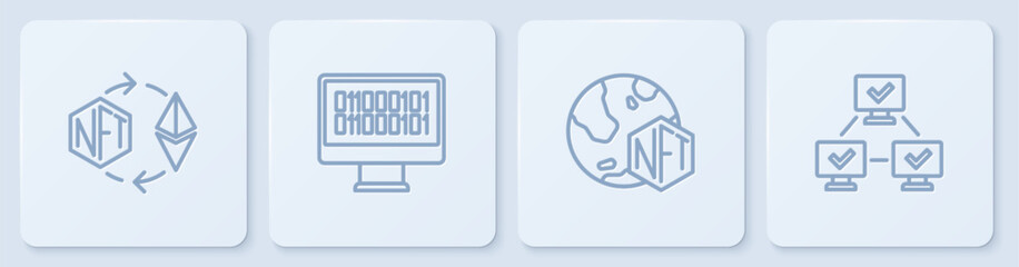Set line Ethereum exchange NFT, Digital crypto art, Binary code and blockchain technology. White square button. Vector