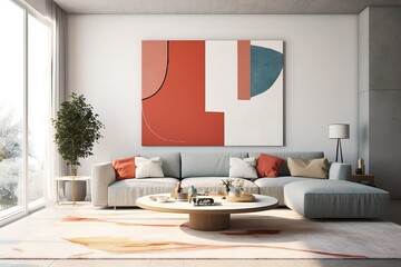 Exquisite Mockup of a Bauhaus-Inspired Modernist Living Room with Hovering Canvas in Hyper-Realistic Detail