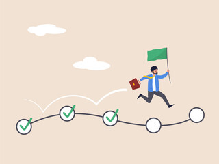 Planning or productivity concept. Project management, task tracking or work progress, tracking finish or completed tasks. Businessman project manager running on completed checkbox to reach goal.