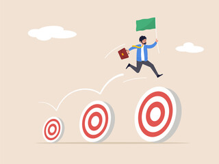 Success employee concept. Career growth development, achievement, job improvement or promotion, appreciation or praise. Happy businessman holding winner flag jumping up target.