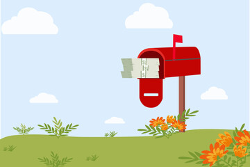 Money stacks in red open mailbox with nature background.