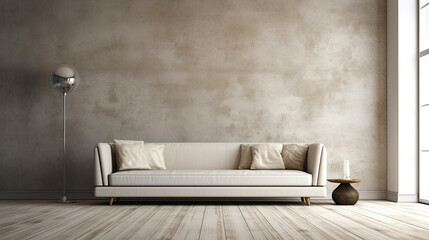 Modern and minimalist sofa on the empty concrete wall of a living room. Generative AI