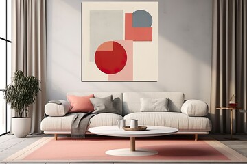 Bauhaus Living Room Mockup: Hyper-realistic Canvas Hovering in Modernist Elegance