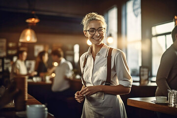 Nice and smiling waitress while working in a café. AI generativ. - obrazy, fototapety, plakaty
