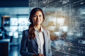Fototapeta premium A female scientist standing in front of a large blackboard and showing and intricate diagrams. AI generativ.