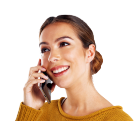 Thinking, phone call and face with a woman isolated on a transparent background for communication. Contact, networking and idea with a happy young female person talking on her mobile against PNG