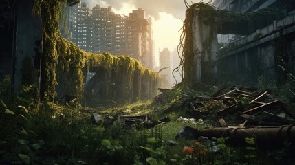 Post apocalyptic city in ruins after zombie pathogen wiped out last of humanity, nature reclaiming this urban jungle buildings with new growth of plants, dystopian future - generative ai  