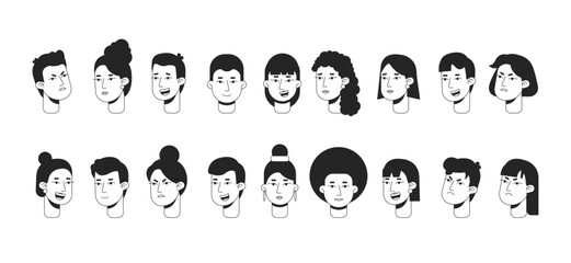 Side and front view emotional expressions monochrome flat linear character heads bundle. Editable outline people icons. Line users faces. 2D cartoon spot vector avatar illustration pack for animation