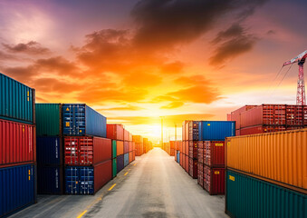 Fototapeta premium Cargo containers at sea port. Shipping and transportation. Ai Generative illustration