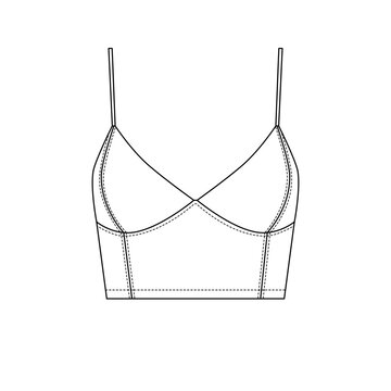 Sketch of a women's top with white spaghetti straps. Outline drawing of a bustier on a white background. Template for a women's short T-shirt with a neckline on thin straps.