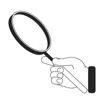 Fototapeta Hand holding magnifying glass bw concept vector spot illustration. Enlarge 2D cartoon flat line monochromatic first view hand for web UI design. Magnifier tool editable isolated outline hero image