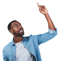 Happy, pointing up and black man with a decision, offer and choice isolated against a transparent...