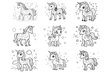 A Cute Cartoon Unicorn Coloring Page in The Style of Polka Line | Unicorn Coloring Pages For Children
