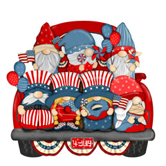 4th of july american independence gnome character with truck Digital painting