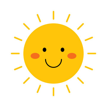 Vector funny sun in flat design. Happy smiling sun. Childish cute sunshine emoji. Kawaii yellow sun with sunbeams. Baby sunshine with blush.