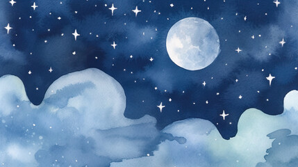 月と夜空のファンタジックが水彩背景　Generative AI