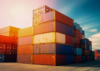 Fototapeta premium Cargo containers at sea port. Shipping and transportation. Ai Generative illustration