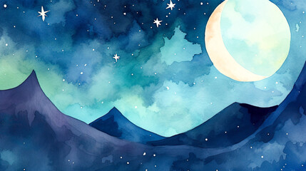 Obraz premium 月と夜空のファンタジックが水彩背景 Generative AI
