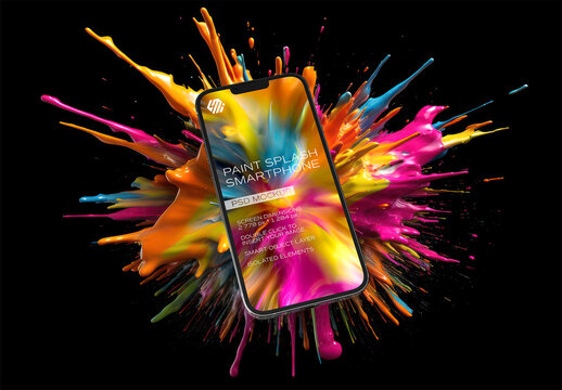 3D Mobile Phone Mockup With Generative Ai Paint Explosion Effect
