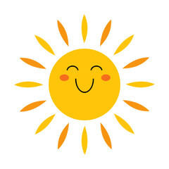 Vector sun in flat design. Happy smiling sun. Childish cute sunshine emoji. Kawaii yellow sun with sunbeams. Baby sunshine with blush.