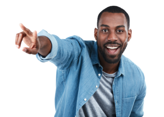 Portrait, pointing and black man with a choice, decision and confident guy isolated against a transparent background. Face, male person and happy model with gesture for direction, opportunity and png
