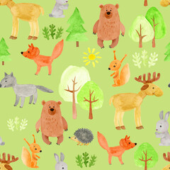 Forest animals seamless pattern in delicate green, yellow colors. Elk, wolf, fox, bear, squirrel,  hare, hedgehog. Nature, forest, trees. Hand drawing.