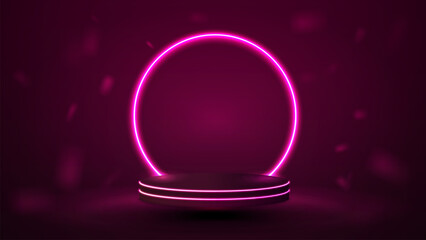 Purple podium with a bright neon round arch. Glowing 3D platform in the room.