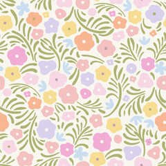 Abstract vector seamless pattern. Soft abstract flowers on a light yellow background. In pastel colors.