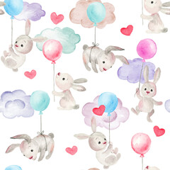 Seamless background with hand-drawn funny bunnies. Stylish design. Cute bunnies fly in the clouds on balloons; watercolor hand-drawn illustration; can be used for a baby shower or baby poster;