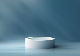 3D realistic mockup display empty white podium platform display on minimal wall scene blue background and natural light