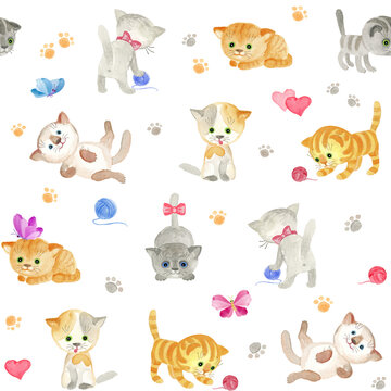 Seamless pattern and background. Drawings of cute and smiling cats. Adorable and fluffy kittens - collection of drawings with even color, different poses on white background.