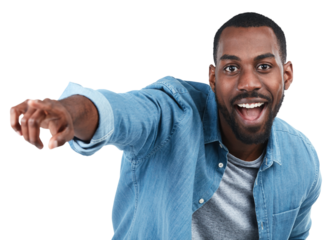 Portrait, pointing and black man with decision, opportunity and smile isolated against a transparent background. Face, male person and model with gesture for direction, happiness and choice with png